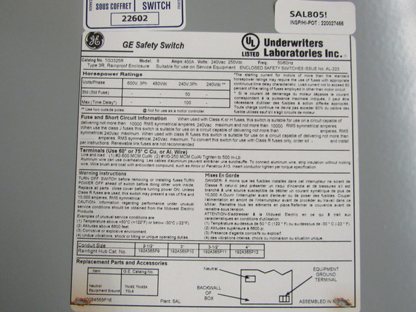 GE TG3325R Safety Switches TG 3P 200A 240V 50/60Hz 3Ph 3Wire NEMA 3R