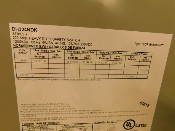 Eaton DH324NDK Safety Switches DH 3P 200A 240V 50/60Hz 3Ph Fusible 4Wire NEMA 3R/12