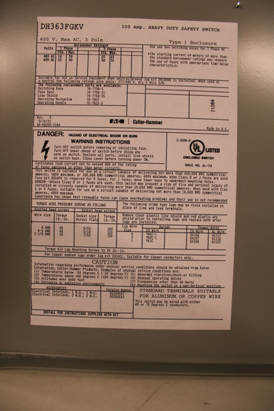 Eaton DH363FGKV Safety Switches DH 3P 100A 600V 50/60Hz 3Ph Fusible 3Wire EA Nema 1