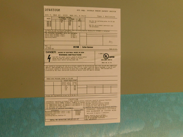 Eaton DT465UGK Safety Switches DT 4P 400A 600V 50/60Hz 3Ph Non Fusible 4Wire NEMA 1