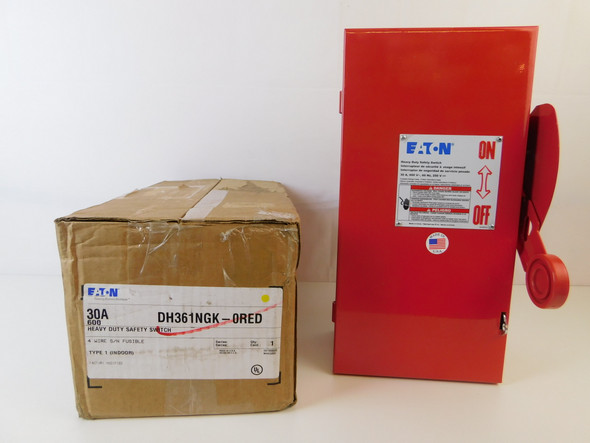 Eaton DH361NGK-0RED Safety Switches DH 3P 30A 600V 50/60Hz 3Ph Fusible w/ Neutral Red 4Wire NEMA 1