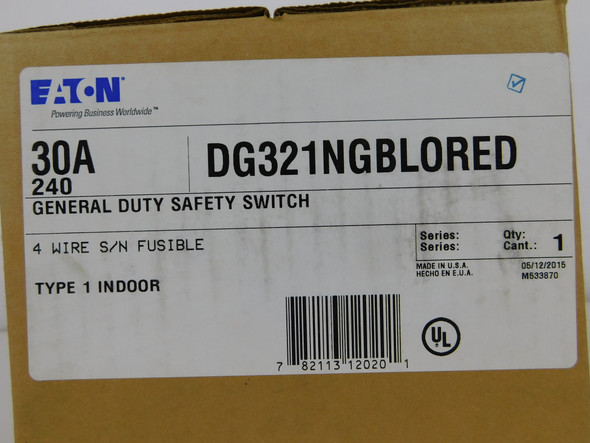 Eaton DG321NGBLORED Safety Switches DG 3P 30A 240V 50/60Hz 3Ph Fusible w/ Neutral Red 1Wire NEMA 1