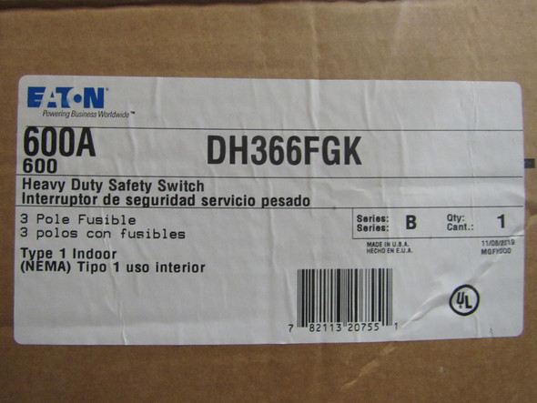 Eaton DH366FGK Safety Switches DH 3P 600A 600V 50/60Hz 3Ph Fusible w/o Neutral 3Wire EA NEMA 1