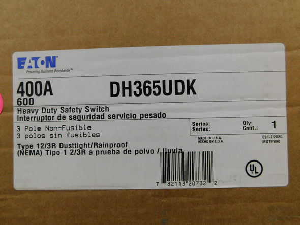 Eaton DH365UDK Heavy Duty Safety Switches DH 3P 400A 600V 50/60Hz 3Ph EA NEMA 12