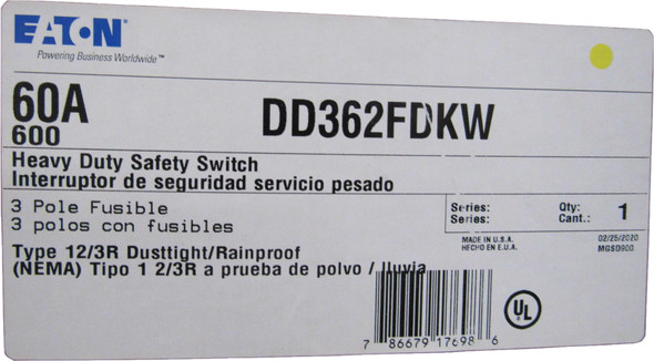 Eaton DD362FDKW Safety Switches DD 3P 60A 600V 50/60Hz 3Ph Fusible 3Wire NEMA 3R/12