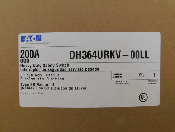 Eaton DH364URKV-00LL Safety Switches DH 3P 200A 600V 50/60Hz 3Ph Non Fusible 3Wire NEMA 3R