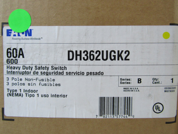 Eaton DH362UGK2 Safety Switches DH 3P 60A 600V 50/60Hz 3Ph Non Fusible 3Wire NEMA 1
