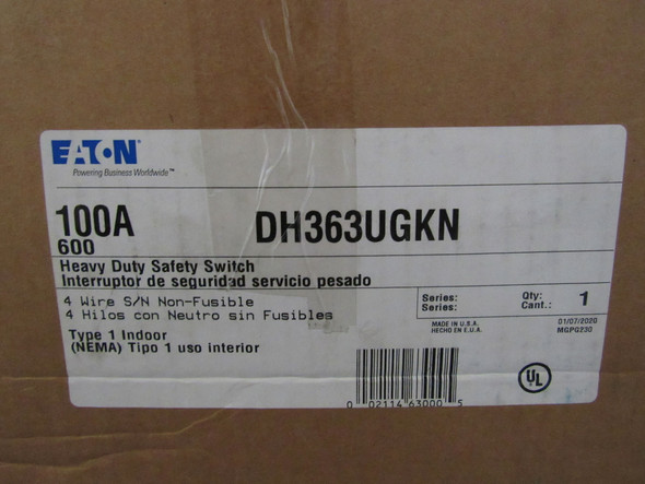 Eaton DH363UGKN Safety Switches DH 3P 100A 600V 50/60Hz 3Ph Non Fusible 4Wire NEMA 1