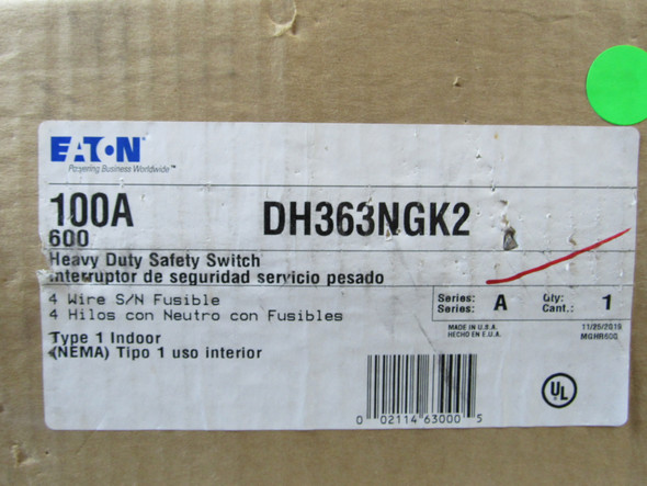 Eaton DH363NGK2 Safety Switches DH 3P 100A 600V 50/60Hz 3Ph Fusible 4Wire NEMA 1