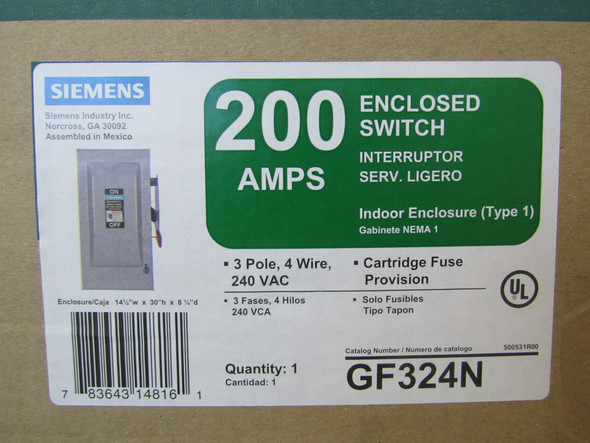 Siemens GF324N Safety Switches GF 3P 200A 240V 50/60Hz 3Ph Fusible 3Wire NEMA 1