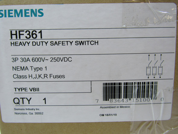 Siemens HF361 Safety Switches HF 3P 30A 600V 50/60Hz 3Ph Fusible 3Wire NEMA 1