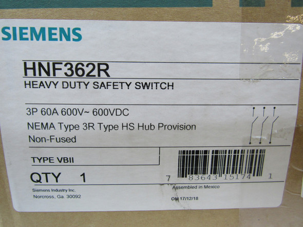 Siemens HNF362R Safety Switches HNF 3P 60A 600V 50/60Hz 3Ph Non Fusible 3Wire EA NEMA 3R