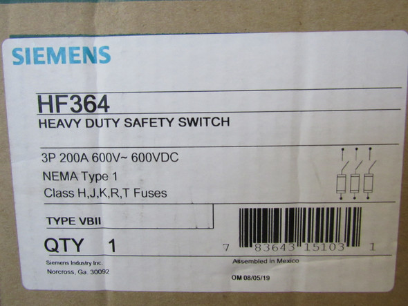 Siemens HF364 Safety Switches HF 3P 200A 600V 50/60Hz 3Ph Fusible 3Wire NEMA 1