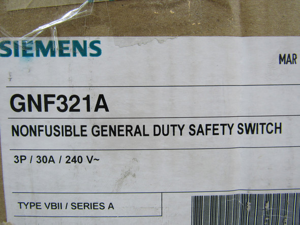 Siemens GNF321A Safety Switches GNF 3P 30A 240V 50/60Hz 3Ph Non Fusible 3Wire NEMA 1