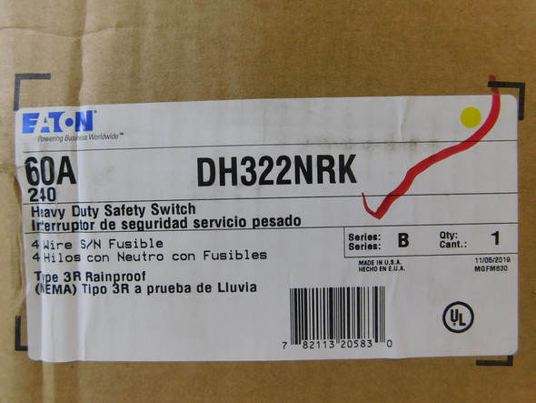 Eaton DH322NRK Heavy Duty Safety Switches DH 3P 60A 240V 50/60Hz 3Ph EA NEMA 3R