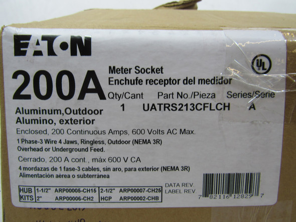 Eaton UATRS213CFLCH Meter Sockets Ringless 200A 600V 50/60Hz 1Ph 3Wire 4Jaws EA NEMA Type 3R