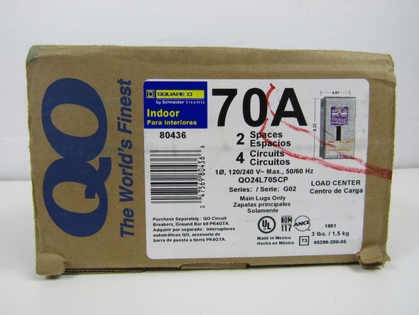 Square D QO24L70SCP Loadcenters and Panelboards QO 70A 240V 50/60Hz 1Ph 3Wire 4Cir 2Sp EA NEMA 1