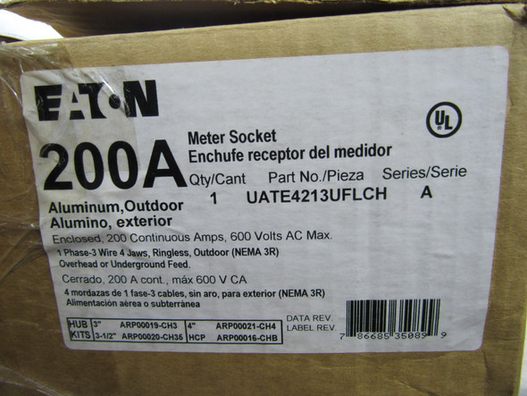 Eaton UATE4213UFLCH Meter Sockets Ringless 200A 600VAC 1Ph 4Jaws EA