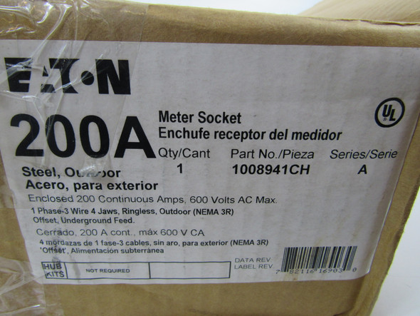 Eaton 1008941CH Meter Sockets Ringless 200A 600V 50/60Hz 1Ph 3Wire 4Jaws EA NEMA Type 3R