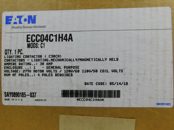 Eaton ECC04C1H4A Enclosed Contactors Lighting Contactor 4P 30A 277V NEMA 1 Mechanically Held Non-Combination