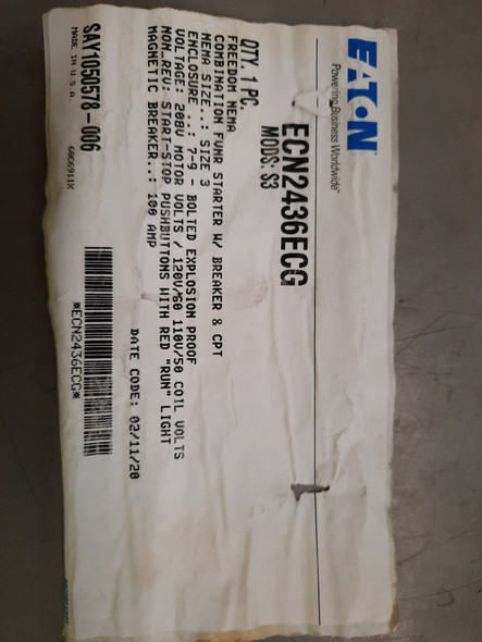 Eaton ECN2436ECG Enclosed Motor Starters Combination FVNR Starter w/disconnect 100A 208V 50/60Hz 110/120VAC