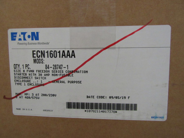 Eaton ECN1601AAA Enclosed Motor Starters Combination Non-Reversing 30A 120V 50/60Hz 3Ph 5HP NEMA 1