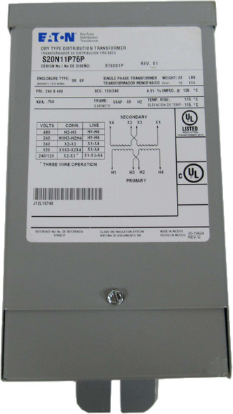 Eaton S20N11P76P Dry Type Transformers Encapsulated Transformer 3A 480V 50/60Hz 1Ph NEMA 3R Secondary Voltage: 120/240V 0.75KVA