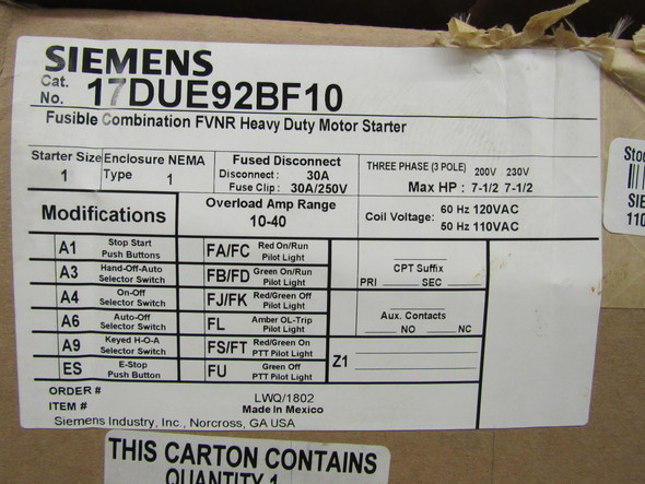 Siemens 17DUE92BF10 Combination Starters Combination Non-Reversing/Fusible Disconnect 10-40A 120V 50/60Hz 3Ph 7.5HP NEMA 1 Overload Range: 10-40A