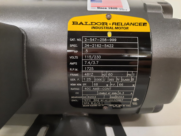 Baldor 2-547-258-999 Electric Motors 7.4/3.7A 115/230V 0.5HP