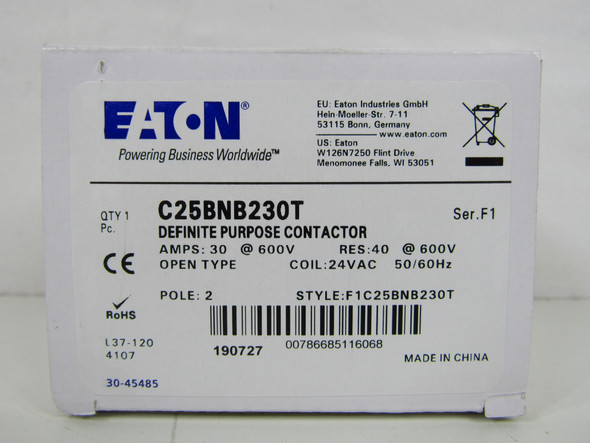 Eaton C25BNB230T Definite Purpose Contactors 2P 30A 24V EA