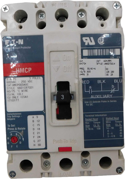 Eaton HMCP003A0C Manual Motor Protectors HMCP 3P 3A 600V J-K Frame
