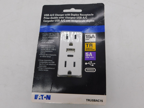 Eaton TRUSBAC15W-KB-LW Combination USB Charger Duplex Receptacle Outlet