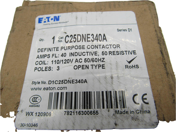 Eaton C25DNE340A Definite Purpose Contactors Non-Reversing 3P 40A 120V 50/60Hz