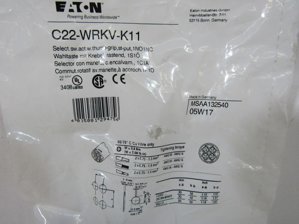 Eaton C22-WRKV-K11 Selector Switches Non-Illuminated 1NO 1NC 3 Position