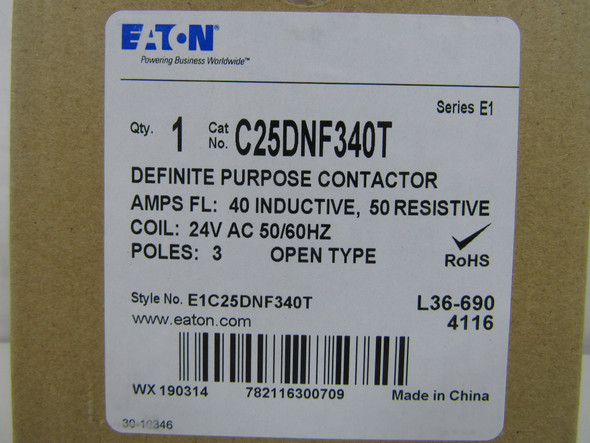 Eaton C25DNF340T Definite Purpose Contactors 3P 40A 24V EA