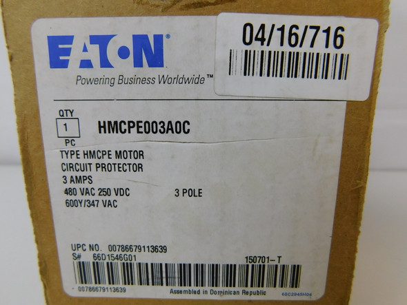 Eaton HMCPE003A0C Motor Circuit Protector (MCPs) HMCPE 3P 3A 480V 50/60Hz J-K Frame EA
