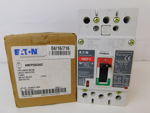 Eaton HMCPE003A0C Motor Circuit Protector (MCPs) HMCPE 3P 3A 480V 50/60Hz J-K Frame EA