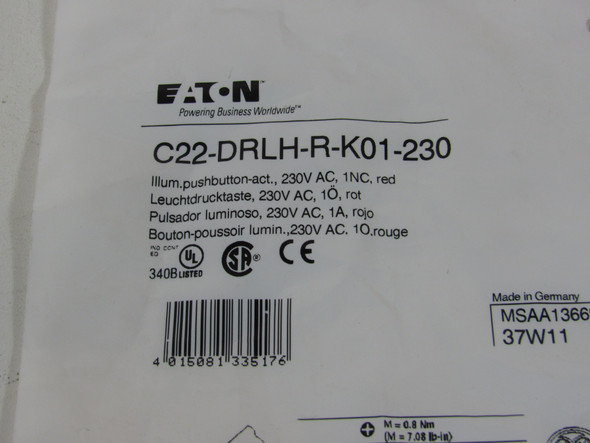 Eaton C22-DRLH-R-K01-230 Pushbuttons Illuminated 230V 1NC EA