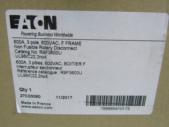 Eaton R9F3600U Rotary Switches General Purpose Switch Body 3P 600A 600V F Frame Non Fusible