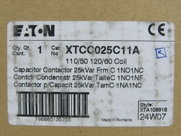 Eaton XTCC025C11A Other Contactors Capacitor Contactor 3P 25A 120V 50/60Hz C Frame 1NO 1NC EA