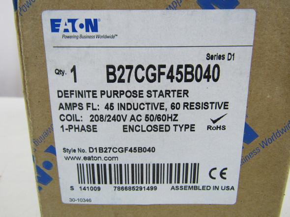 Eaton B27CGF45B040 Starters Definite Purpose 45A 240V 50/60Hz 1Ph