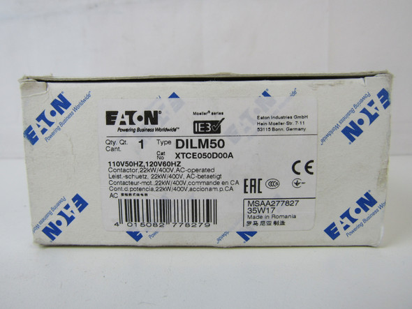 Eaton XTCE050D00A NEMA and IEC Contactors 3P 50A 120V EA