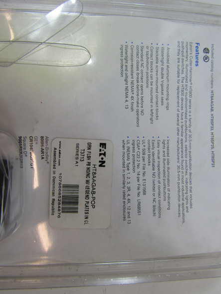 Eaton HT8AAGAB-POP Pushbuttons Non-Illuminated 1NO 1NC Green EA NEMA 3/3R/4/4X/12/13