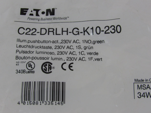 Eaton C22-DRLH-G-K10-230 Pushbuttons Illuminated 230V EA