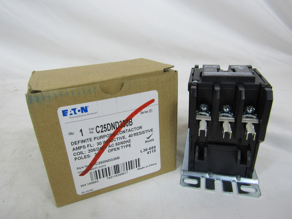 Eaton C25DND330B Definite Purpose Contactors Non-Reversing 3P 30A 240V D Frame EA