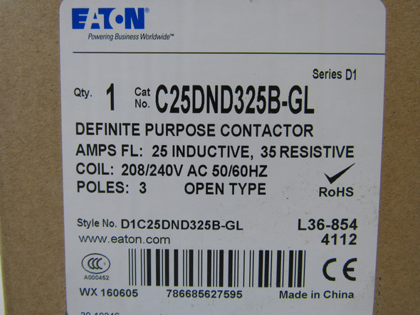 Eaton C25DND325B-GL Definite Purpose Contactors Non-Reversing 3P 25A 240V D Frame EA