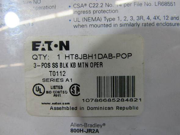 Eaton HT8JBH1DAB-POP Selector Switches Non-Illuminated 1NO 1NC 3 Position Black NEMA 3/3R/4/4X/12/13 Watertight/Oiltight