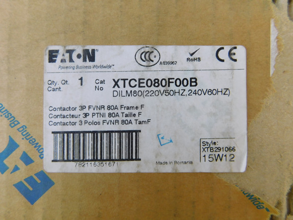 Eaton XTCE080F00B Other Contactors 3P 80A 240V EA