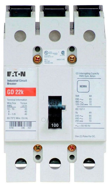 Eaton GD3100 Molded Case Breakers (MCCBs) GD 3P 100A 480V 50/60Hz 3Ph G Frame