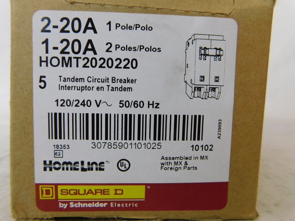 Schneider Electric HOMT2020220 Miniature Circuit Breakers (MCBs) HOMT 2P 20A/20A 120V 50/60Hz 2Ph EA